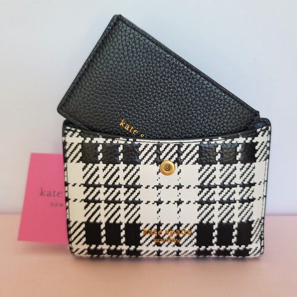 KATE SPADE Hudson SMALL Posh Plaid Embossed Pebbled Leather Bifold Wallet-Black⭐ - Picture 2 of 15